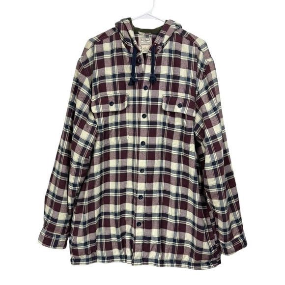 LL Bean Size XL Fleece Lined Hooded Shirt Jacket Shacket Plaid Flannel Pockets - Picture 1 of 9